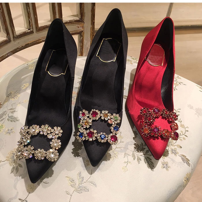 

Brand Women Cow leather High Heeled dress wedding shoe Satin Fashion Pointed Toe Rhinestone buckle Heels Office Lady Single Pumps,35-40, Black