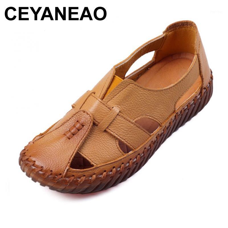 

CEYANEAO Women's Sandals 2018 Summer Genuine Leather Handmade Ladies Shoe Leather Sandals Women Flats Retro Style Mother Shoes1, Black