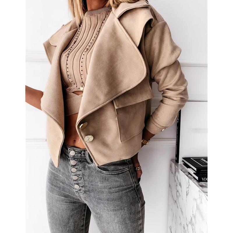 

MY Women Solid Color Jacket Long Sleeve Turn-down Collar Side Pocket Single-breasted Coat Womens Coat 2020 Clothes, As photo shows