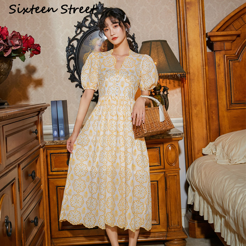 

2021 New Floral Yellow Embroidered Casual Woman Short Flashlight Light Sleeve with Cleavage v Elegant Holiday Dress 8rot
