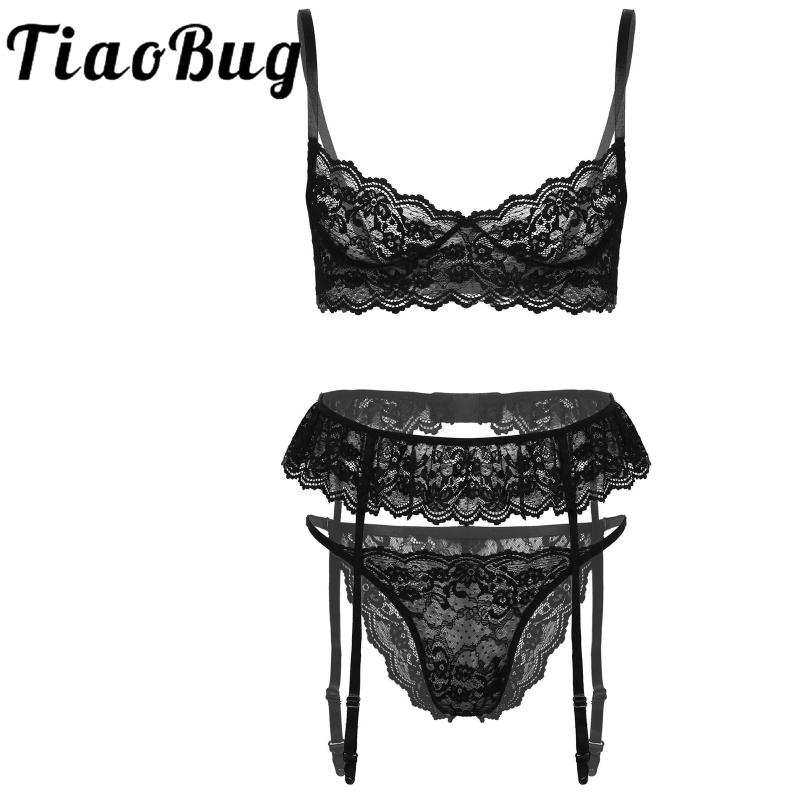 

Bras Sets Ruffles Lace Mens Lingerie Bra Set Men Sissy Crossdressing Sexy See-through Unlined With Thongs Garter Belt, Black
