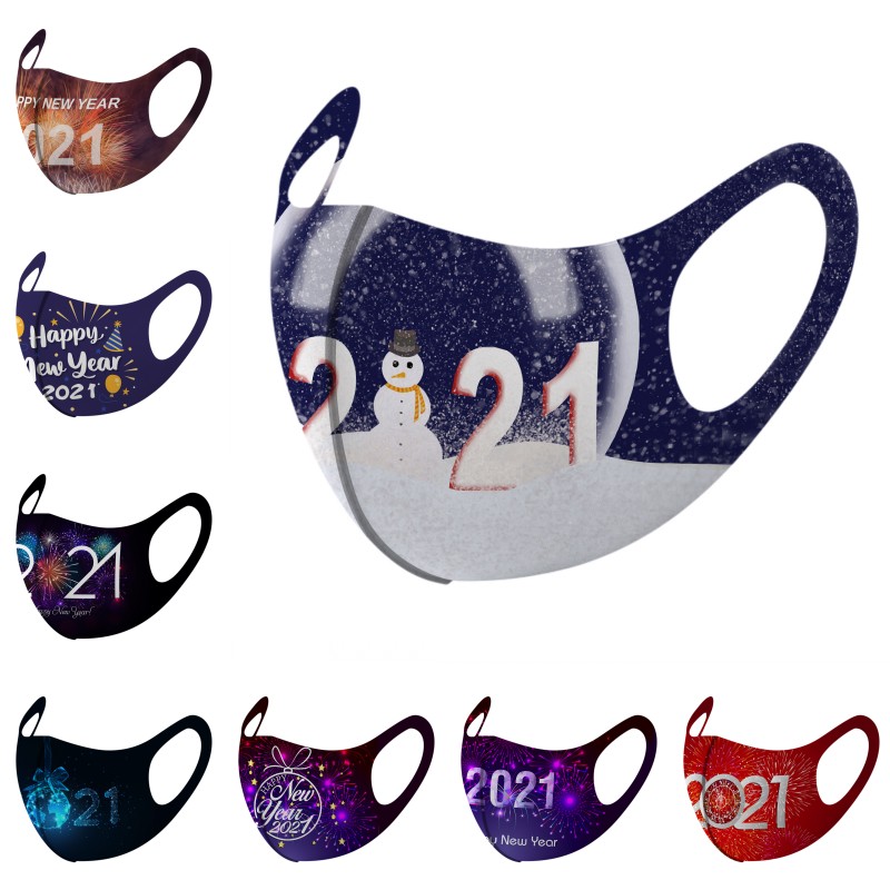 

DHL Shipping Happy New Year 2021 Fashion Face Masks Christmas Printed Anti Dust Mask Anti-fog Washable Mouth Cover Party