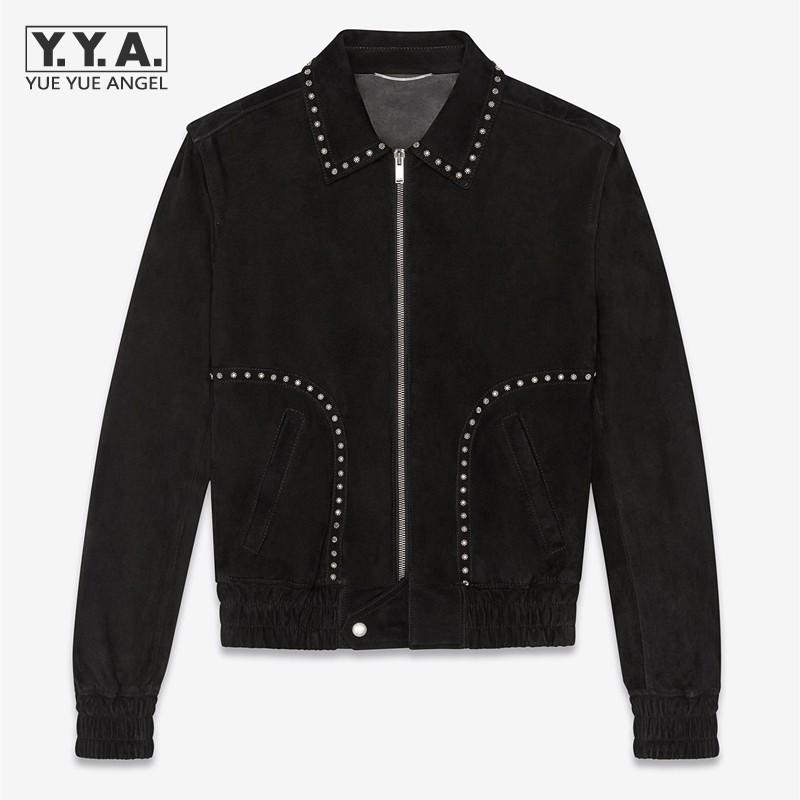 

Vintage Mens Sheep Suede Motorcycle Jacket High Quality Punk Rivets Genuine Leather Coat Long Sleeve Outerwear Bikers Jackets, Black