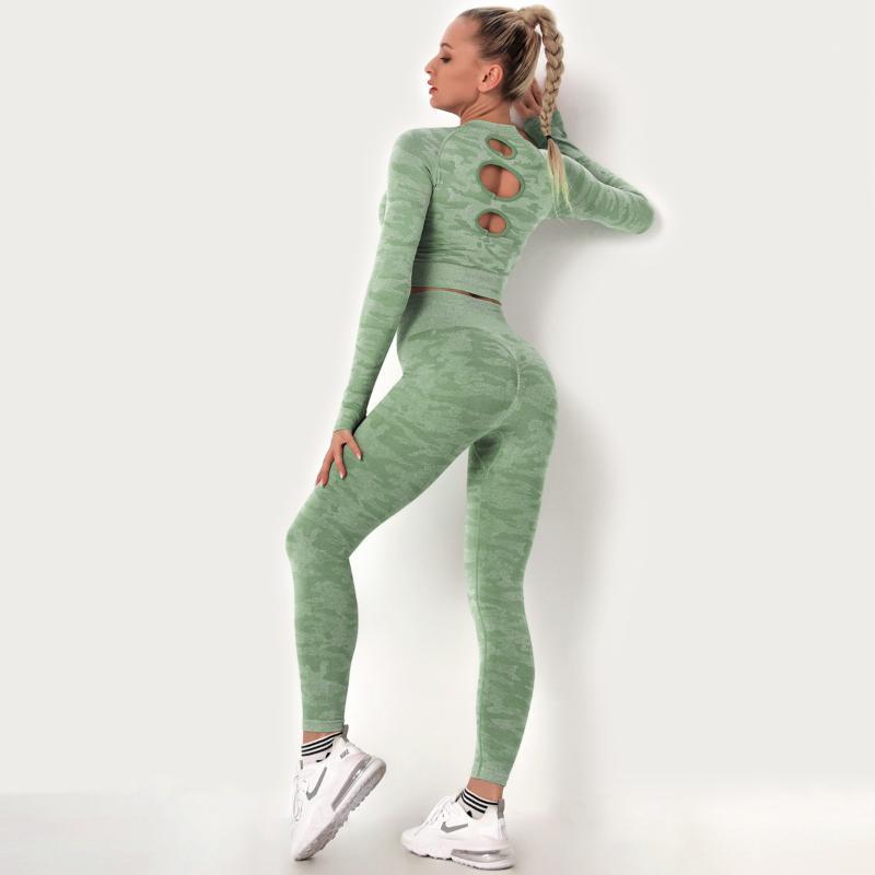 

Seamless Yoga Set Women Sportswear Camouflage Sports Suit for Fitness Long Sleeve Crop Top Leggings Set Gym Clothing Green Pink1, Pants 1