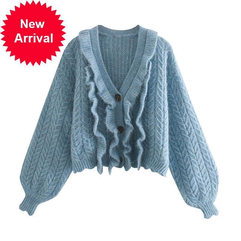 

New Autumn 2021 New Track Cardigan with V-ruffled Neckline Elegant Loose Sweater Soft Mesh Comfortable Women's Coat X32Q, Beige