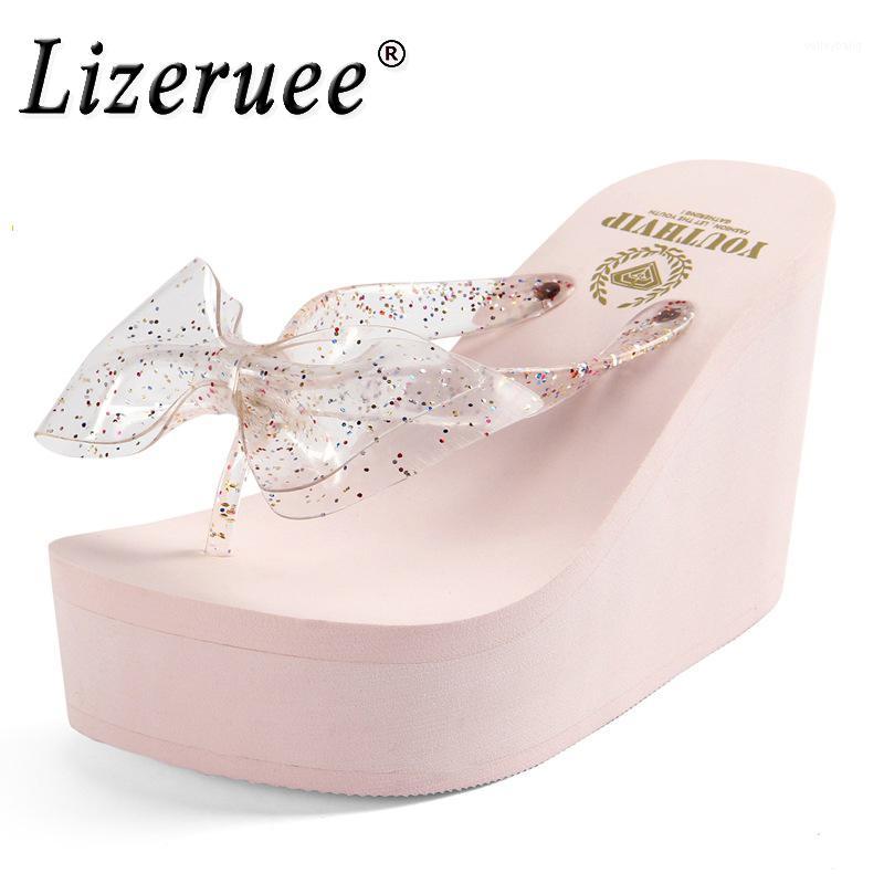 

Women Shoes Summer outdoor beach sandals Wedge Slipper Heels Eva Female Bow-knot High Heeled Solid Color Flip Flop Beach Shoes1, White