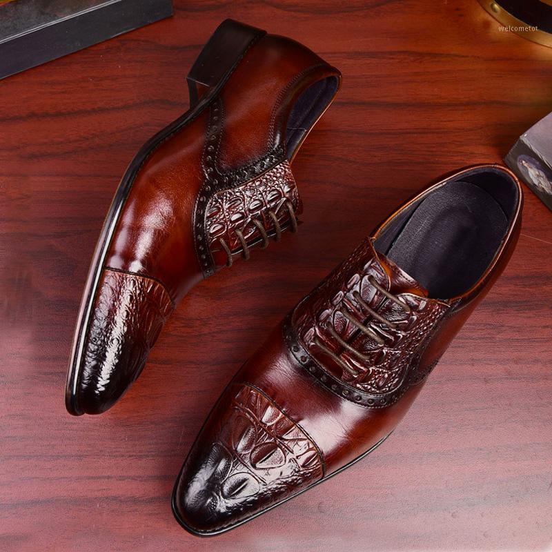 

2020 Men Genuine Leather Shoes Crocodile Pattern Business Dress Classic Style Wine Black Lace Up Pointed Toe Male Oxford Shoe1
