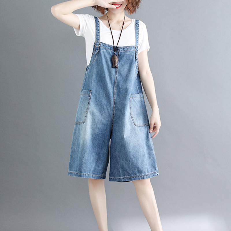 

Women Jumpsuit Playsuit Rompers Overalls Short Denim Cotton Solid Blue Fashion Casual for Spring Summer BO19151514 T200704