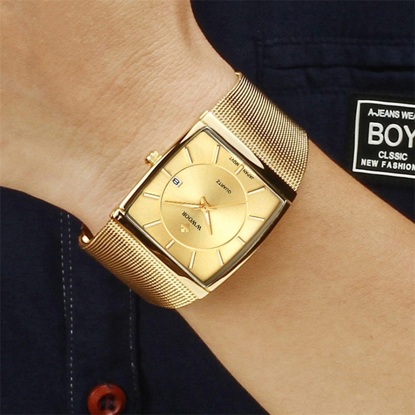 

WWOOR Luxury Gold Watches For Men Square Quartz Watch Slim Steel Mesh Waterproof Date Wrist Watch Men Top Gift Relogio Masculino 201211, Blue