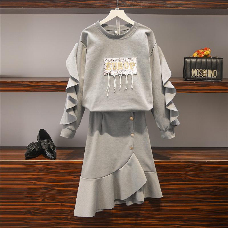 

Women Sweatshirt 2 Piece Outfits Stylish Ruffles Patchwork Tunic Crop Top Irregular Skirt Tracksuit, Photo color