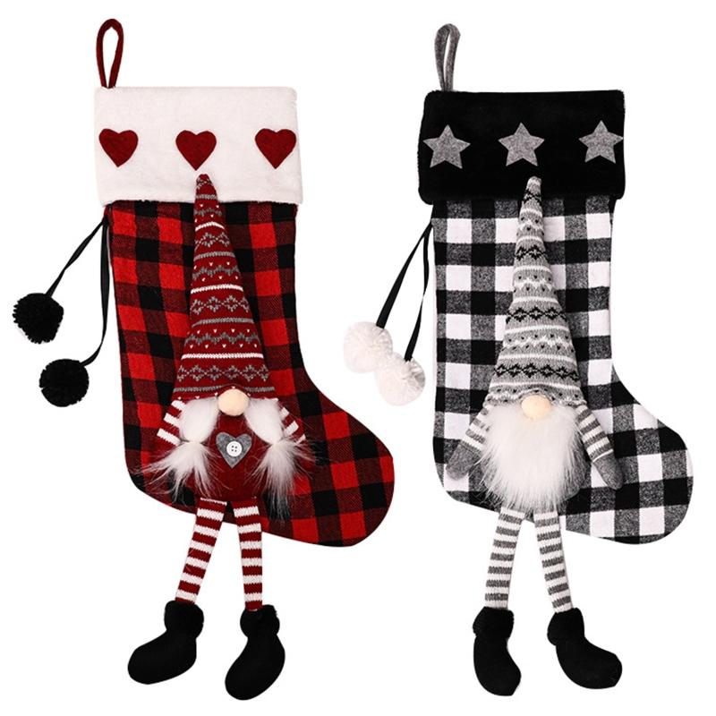 

Christmas Tomte Gnomes Stockings Plaid Swedish Santa Xmas Sock Hanging Fireplace U90A