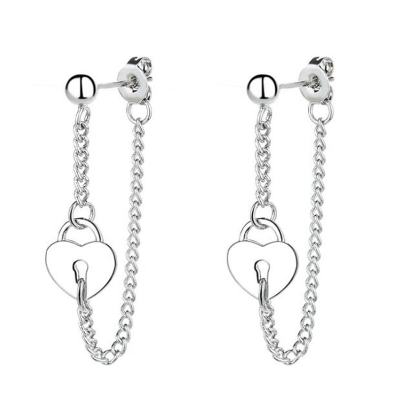 

Stud Retro Heart-Shaped Lock Chain Earrings Korean Style Temperament Women's Silver Color Party Jewelry