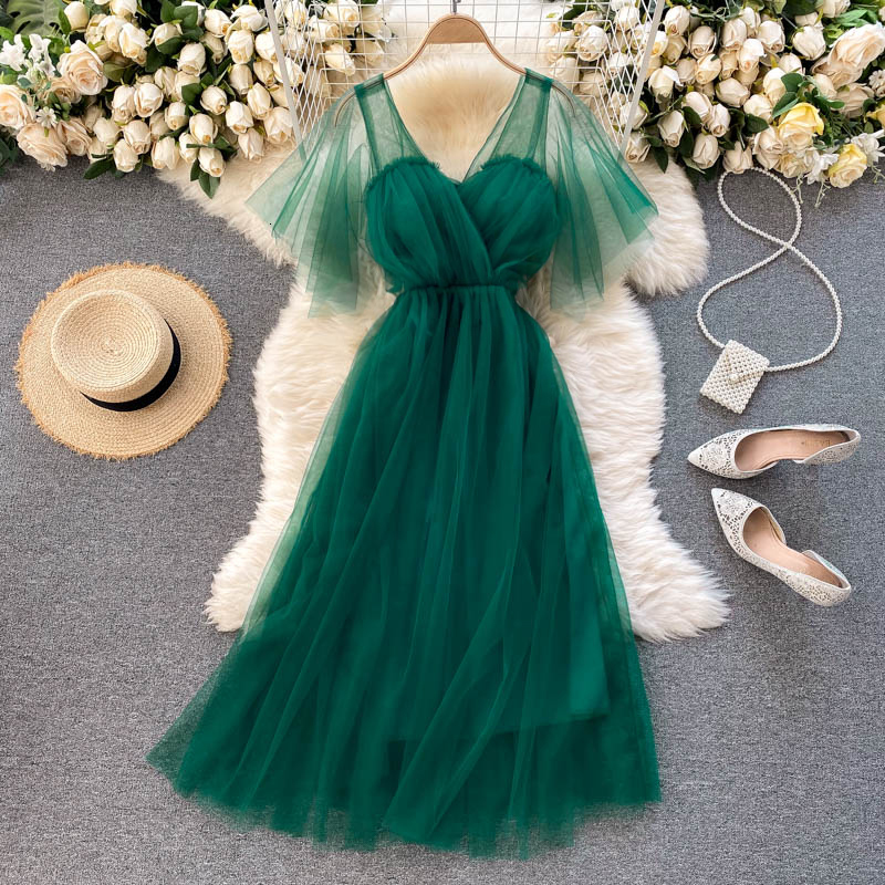 

2021 New Sweet singiny mesh ladies in v-shirts sexy line dressed romantic summer holiday beach dress long 008S, Dark green