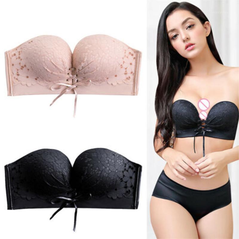 

Newly Women Strapless Invisible Bra Lace Push Up Bra Backless Non-Slip With Drawstring Underwear DO991, Nude