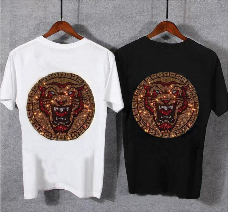 

2021 New Hot Drill Casual Tshirt Men Short Sleeve Shirt Business Slim Rhinestone Male Tshirts White and Black M-5xl 16rp, As shown