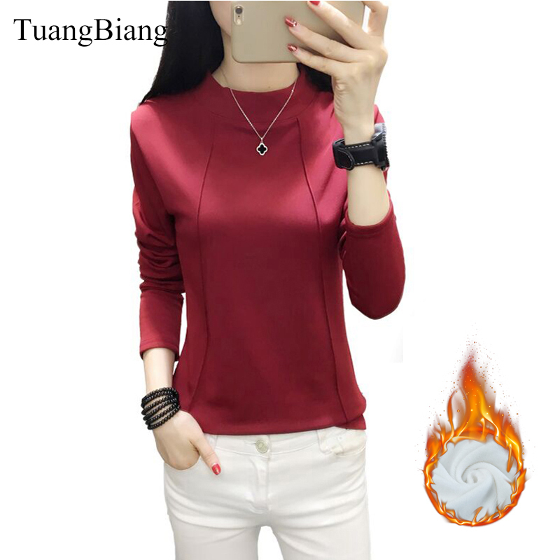 

TuangBiang Winter Turtleneck Keep warm T shirts Woman Long Sleeve Casual Tshirt Cotton Cashmere Thick Tops camiseta mujer 201125, Red wine