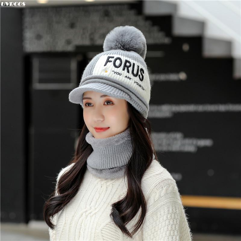 

Fall and winter ladies sweater hat lovely versatile neck two piece suit plus velvet thick warm knit hat fashion snow casual, Black