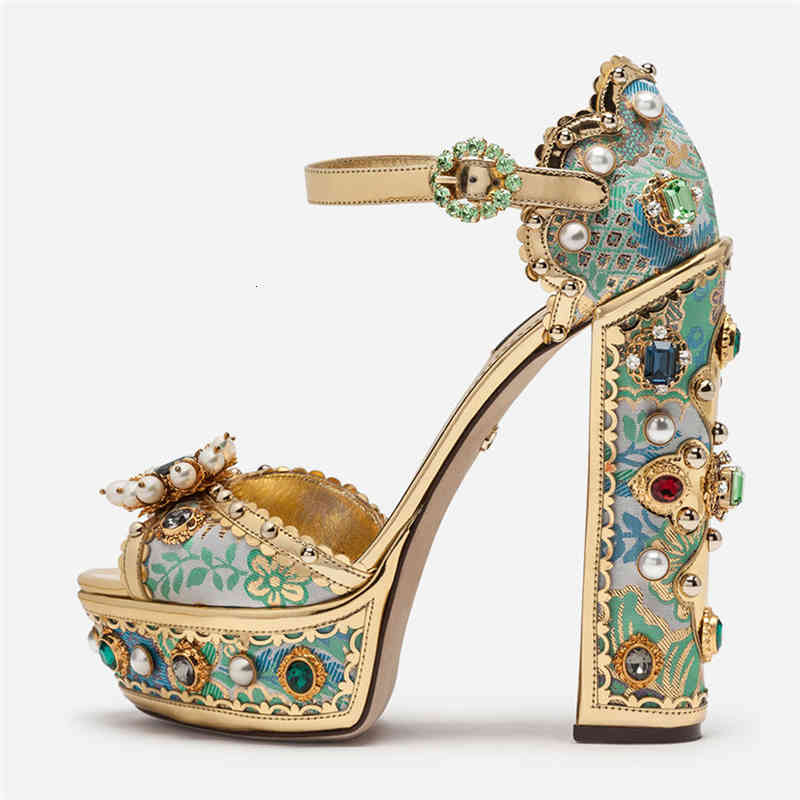 

Gold Sandals Women Embroidery Platform High Heels Shoes Woman Wedding Femmes Sandale, Golden