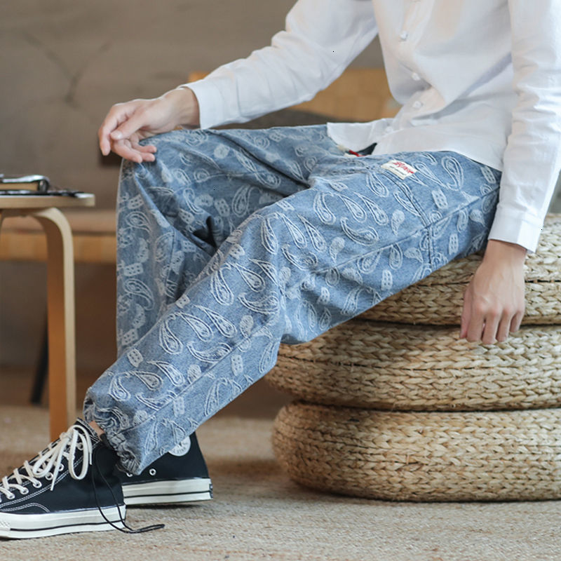 

2021 Men's Autumn Winter New Embroidered Man Casual Oversize Denim Pants Chinese Style Male Graphic Printed Jeans Pko8, Black