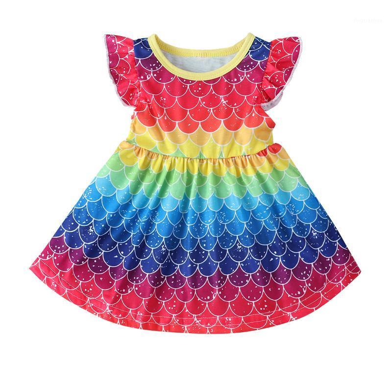 

Emmababy Baby Girls Summer Fashion Rainbow Color Dress Scales Pattern Round Neck Flying Sleeve Korean Princess Dress1, As pic