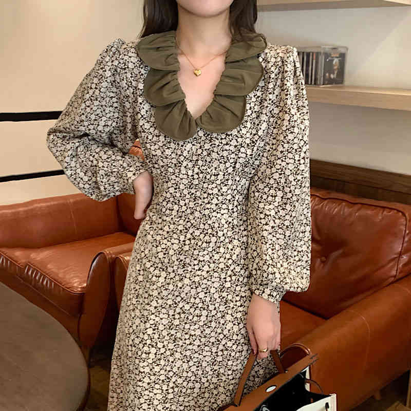 

Chic Elegant Dress Autumn Vintage Ins Fashion Petal Collar Receiving Waist Puff Sleeve Mid-length Floral Dress Tide, Black;gray