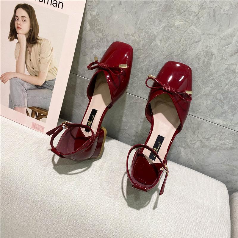 

Twist bow-tie closed toe women sandals square buckle chunky cover low heels d'orsay sandalias square toe mules sandale femme20201, Wine red