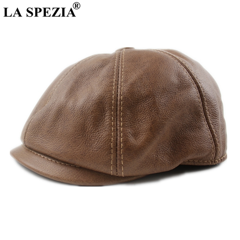 

LA SPEZIA Khaki Men's Newsboy Gap Genuine Cowskin Leather Octagonal Cap Male Beret Autumn Winter Men Vintage Duckbill Hats 201216, Black cap