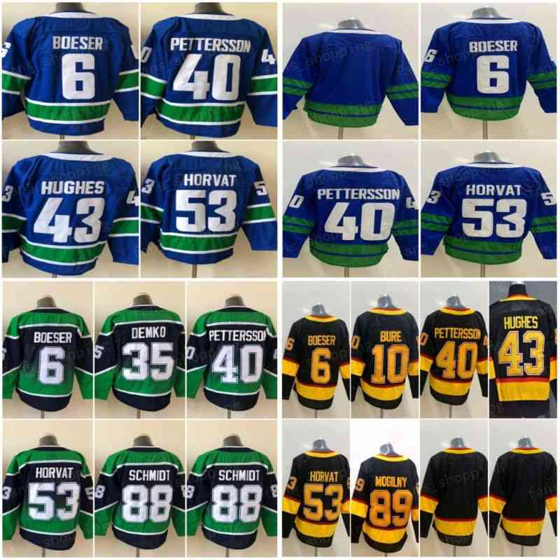 

Ice Hockey 53 Bo Horvat Jersey 6 Brock Boeser 40 Elias Pettersson 43 Quinn Hughes 35 Thatcher Demko Reverse Retro Team Blue White Alternate Black Men Stitched Good