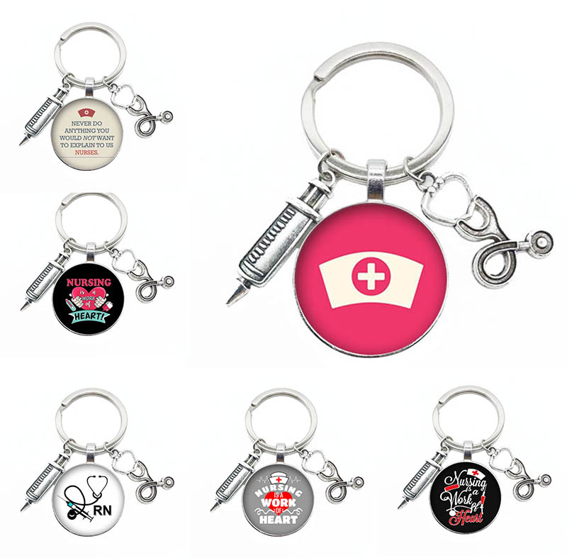 

Heart Pattern Nursing Keychain Medical Stethoscope Syringe Glass Pendant Keychain Nurse Doctor Medical Student Key Ring Gift