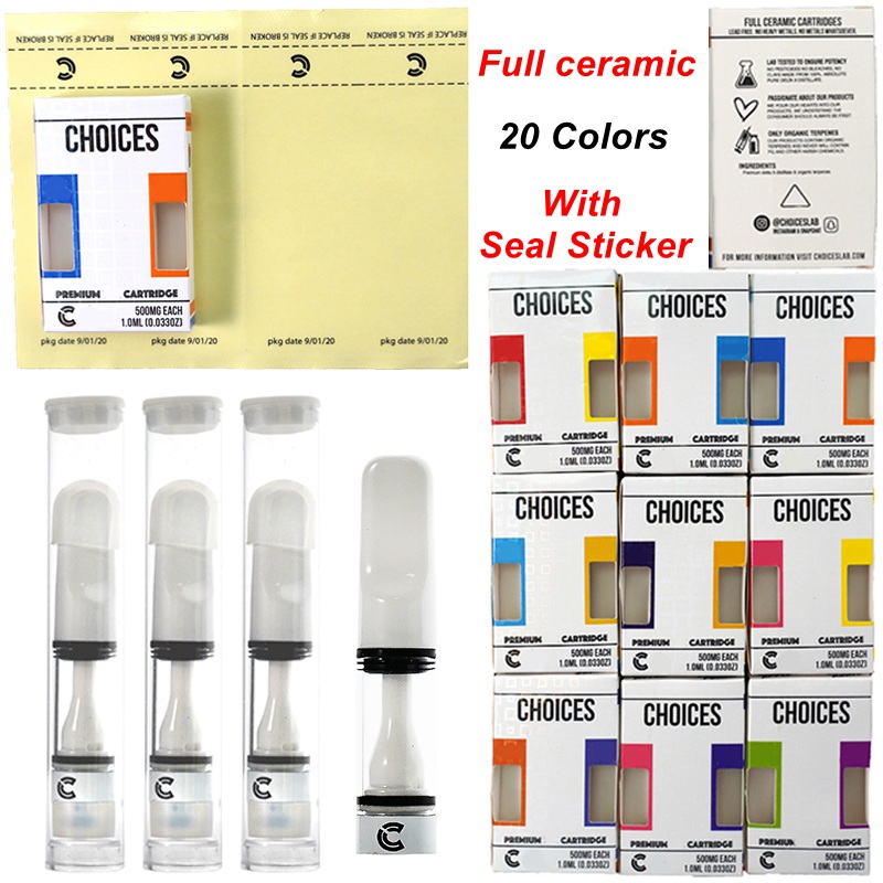 

Choices Vape Cartridges Full Ceramic Cart 510 Thread 20 Colors Atomizers Vapes 0.5ml Press On Seal Sticker Empty Oil Carts Hologram Packaging Wholesale