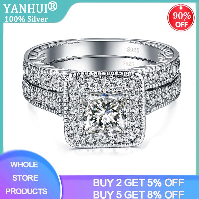 

With Certificate 2pcs 100% Original 925 Silver Wedding Band Rings Set Princess Cut Square 1.0ct Zirconia Diamond Rings for Women