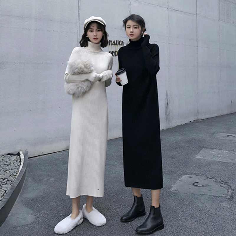 

2021 New Turtleneck Women Knit Straight Autumn Winter Thick Warm Midi Ribbed Knitted Es Jy6r, Milk apricot