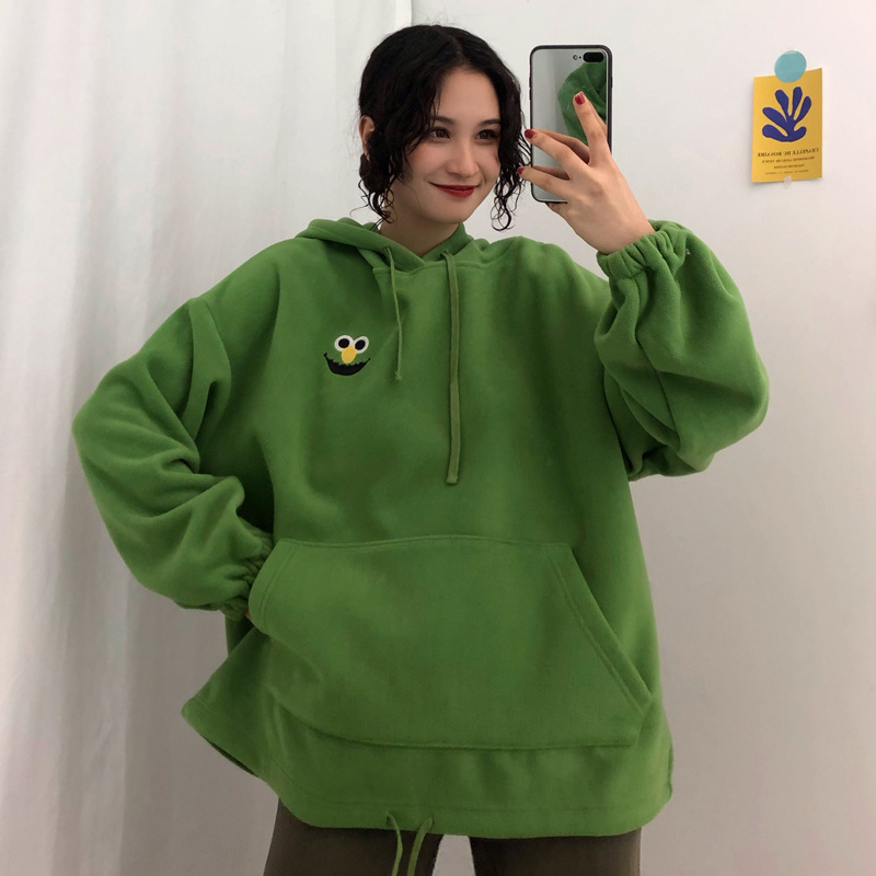 

Hooded sweater women's loose BF languid ins super fire design plus Plush thickening Korean version versatile couple's top CN4B, Csmy3940 green