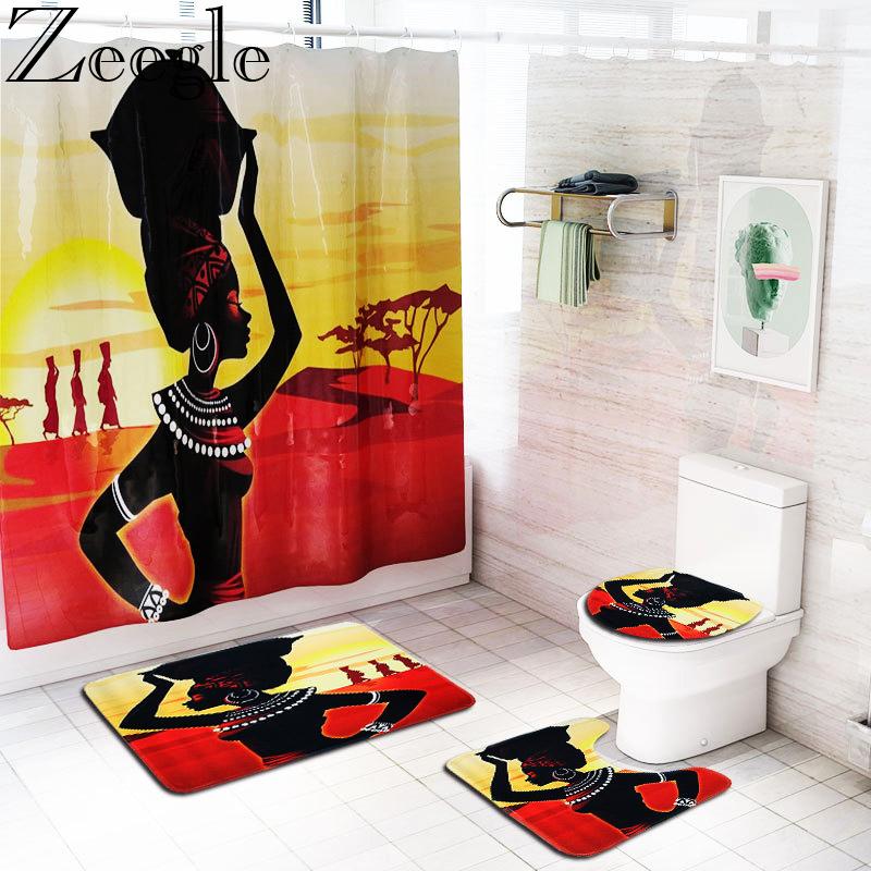 

Zeegle Bathroom Carpet Shower Curtain Set African Woman Printed Bath Mat Set Waterproof Curtain Bathroom Cover Toilet Seat Mat