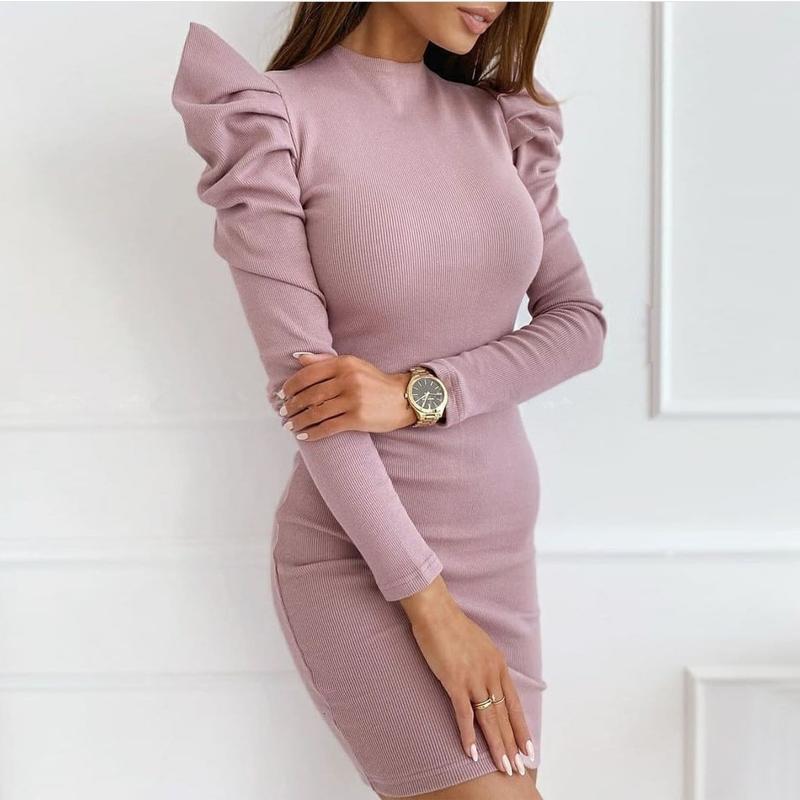 

Sexy Women Dresses Puff Sleeve Ruffle Party Robe Femme Slim Fit Round Neck Solid Mini Bodycon Vestidos Female Office Wear, Black