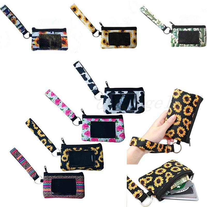 

10 Printed Sunflower Leopard Cow Flower MultiFunction Neoprene Passport Cover ID Card Holder Wristlets Clutch Coin Wallet With Keychain