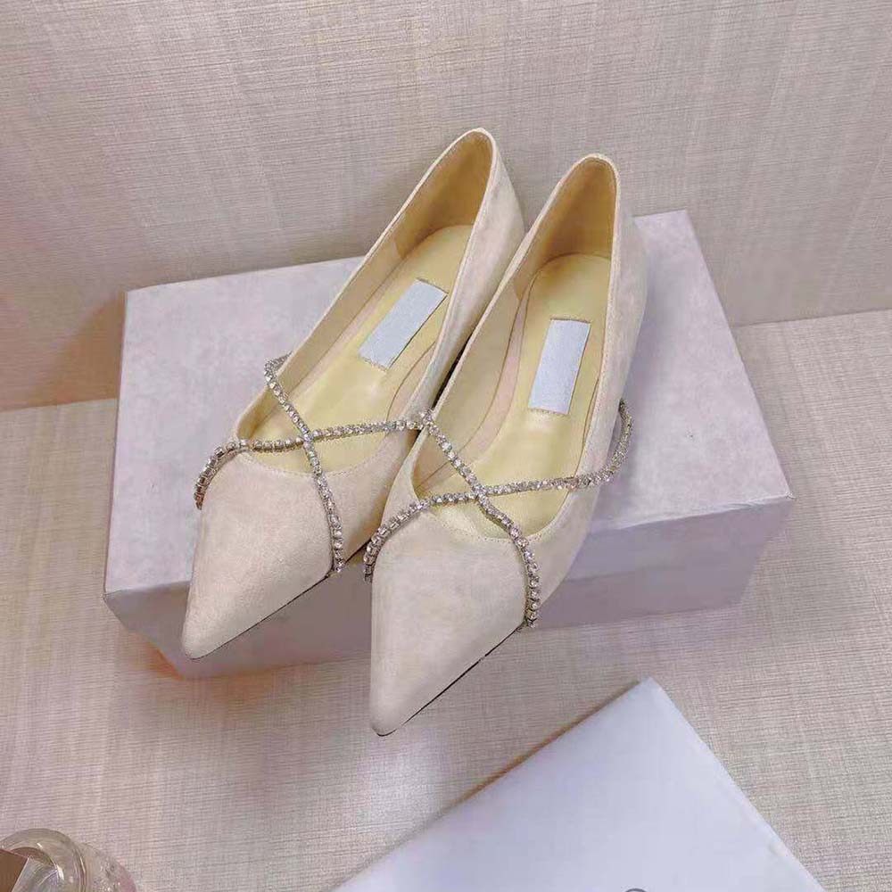 

Luxury women flat dress shoes Ballet Pointed-Toe Flats with Crystals Chain Genevi crystal-embellished leather In box EU35-41