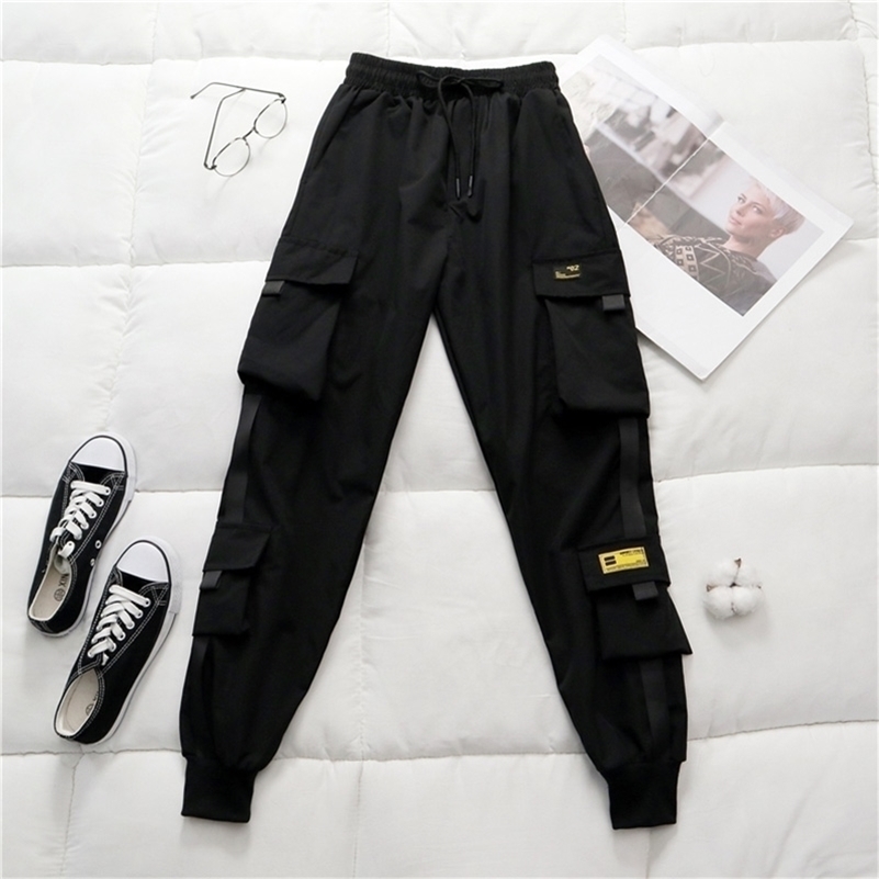 

Spring Women's High Waist Cargo Pants Winter FUR Sports Loose Pants Harajuku BF Velvet Cargo Pants Elastics Trousers 201228, Top black (spring)