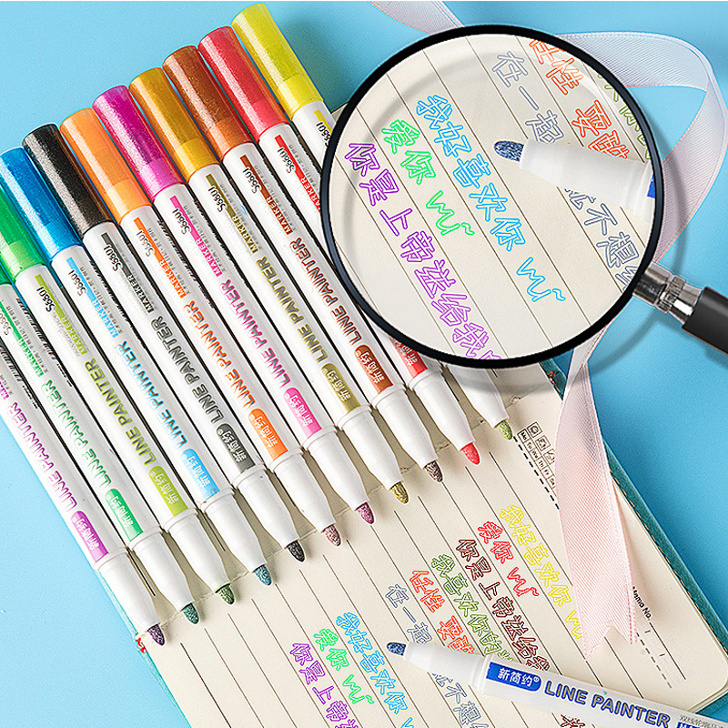 

12 Colors Double Line Outline Pen Metallic Color Magic Highlighter Marker Pen for Art Painting Scrapbooking raffiti Poster card