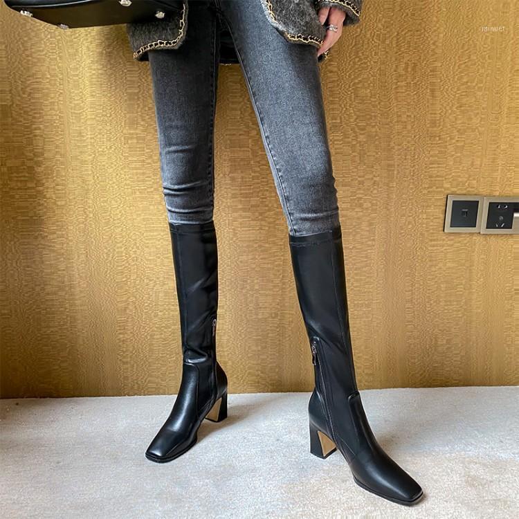 

Autumn and winter high boots knee high boots heels thick heels elastic thin square head big size 41-43 Knight1, Beige