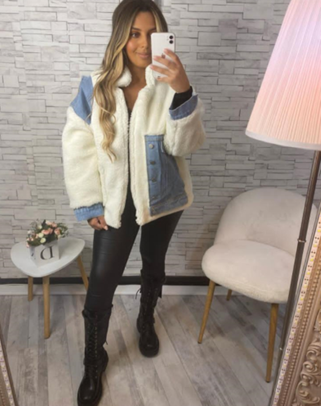

2020 autumn and winter new coat grain sheep shearing loose lazy design sense denim stitching no button coat jacket, Brown