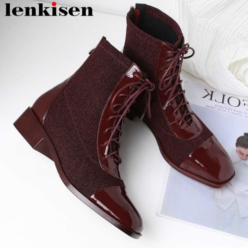 

2019 retro beauty girls classic square toe chunky low heels slip on natural leather vintage knitting stretch mid-calf boots L311, Black