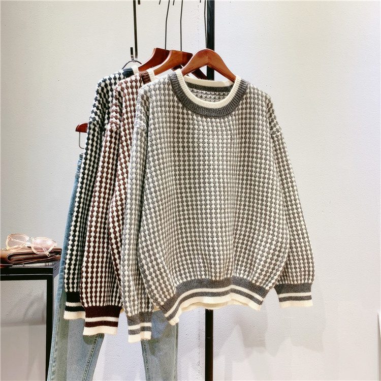 

2021 New Autumn O-neck Long Sleeve Plaid Warm Sweater Fashion Winter Casual Women Pullovers Pull Femme Brz2, Black