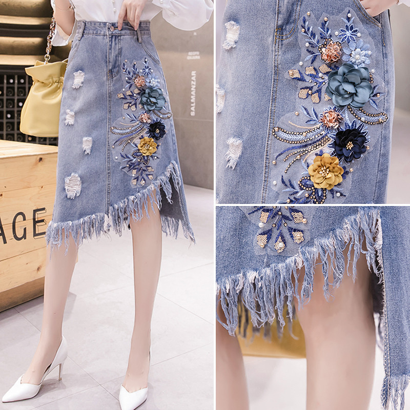 

2021 New Women's Denim Skirts Spring Summer High Waist Heavy Work Embroidery Flower Irregular Jeans Plus Size Hole Cowboy Skirt 84 Ofil, Blue
