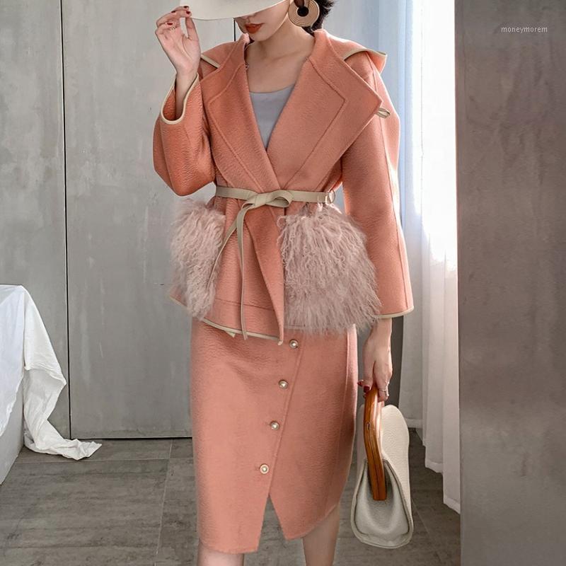 

Chic Women Winter New Design Woolen Fur Jackets Lamb fur pockets Double Face Pure Australia Wool Coat with Belt1, Orange