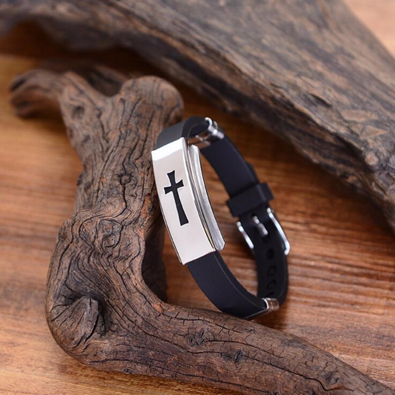 

1pc Men Fashion Cross Stainless Steel Black Rubber Bracelet Bangle Wristband