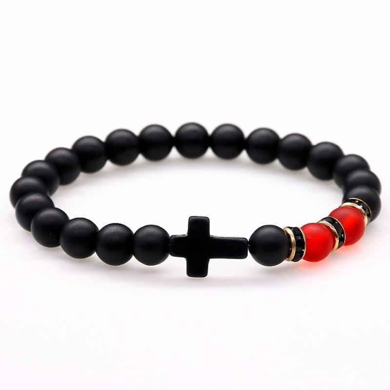 

Powerful Mens Gift 8mm Black Matte Onyx Rock Stone Beads With Crossed Fitness Fit Red Matte Beads Bracelets Yoga Women Men1
