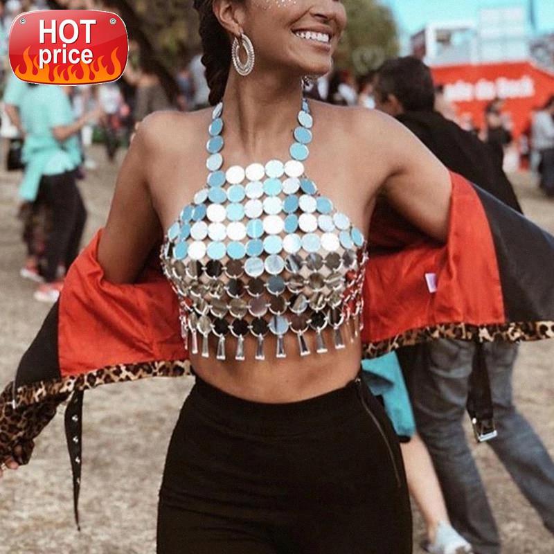 

AKYZO 2019 Metal Acrylic Fringe Chain Camis Backless Bralette Tank Tops Summer Women Sexy Fish Scales Beach Club Sequin Tops #Wy4K, White