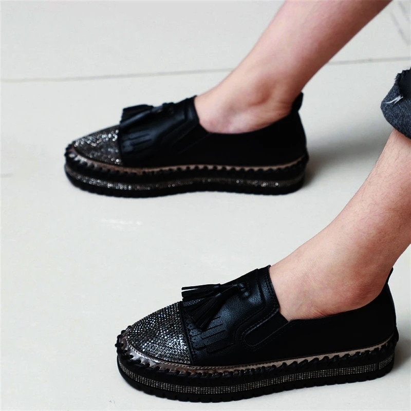 

2021 New Women Fashion Spring Autumn Bling Flats Tassels Slip on Breathable Casual Ladies Comfortable Platfrom Shoes G2ex, Black