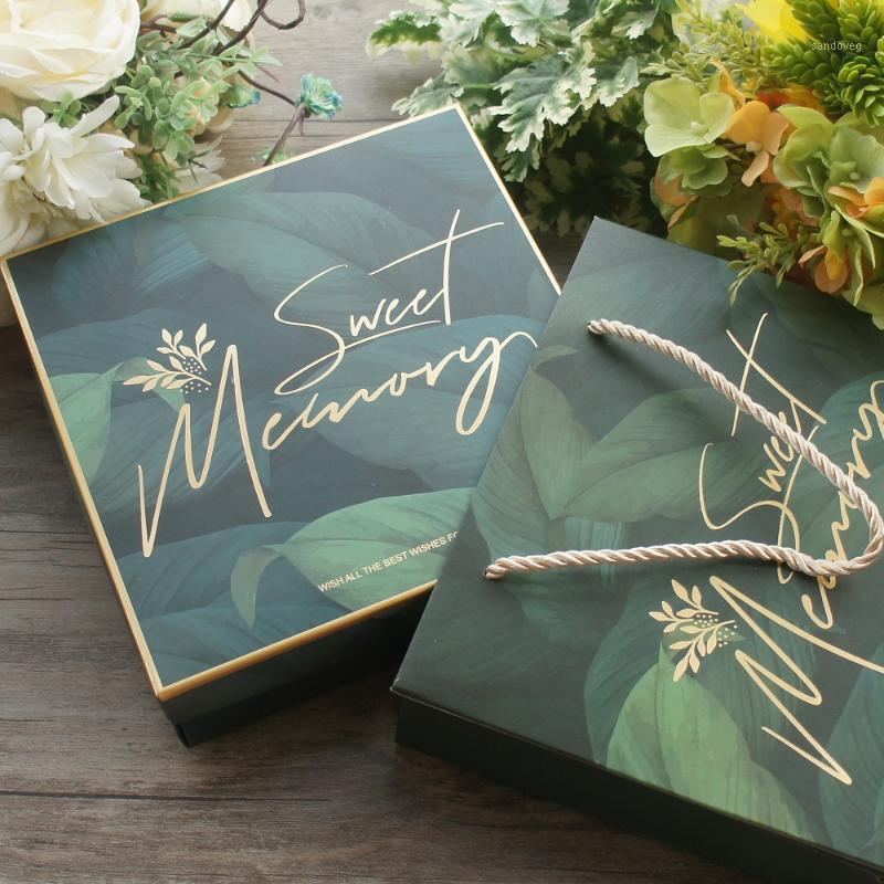

18.5*18.5*6cm 3set Deep Green Leaves gold Sweet Memory Design Paper Box + Bag As Baby Shower Birthday Wedding Gift Packaging Use1